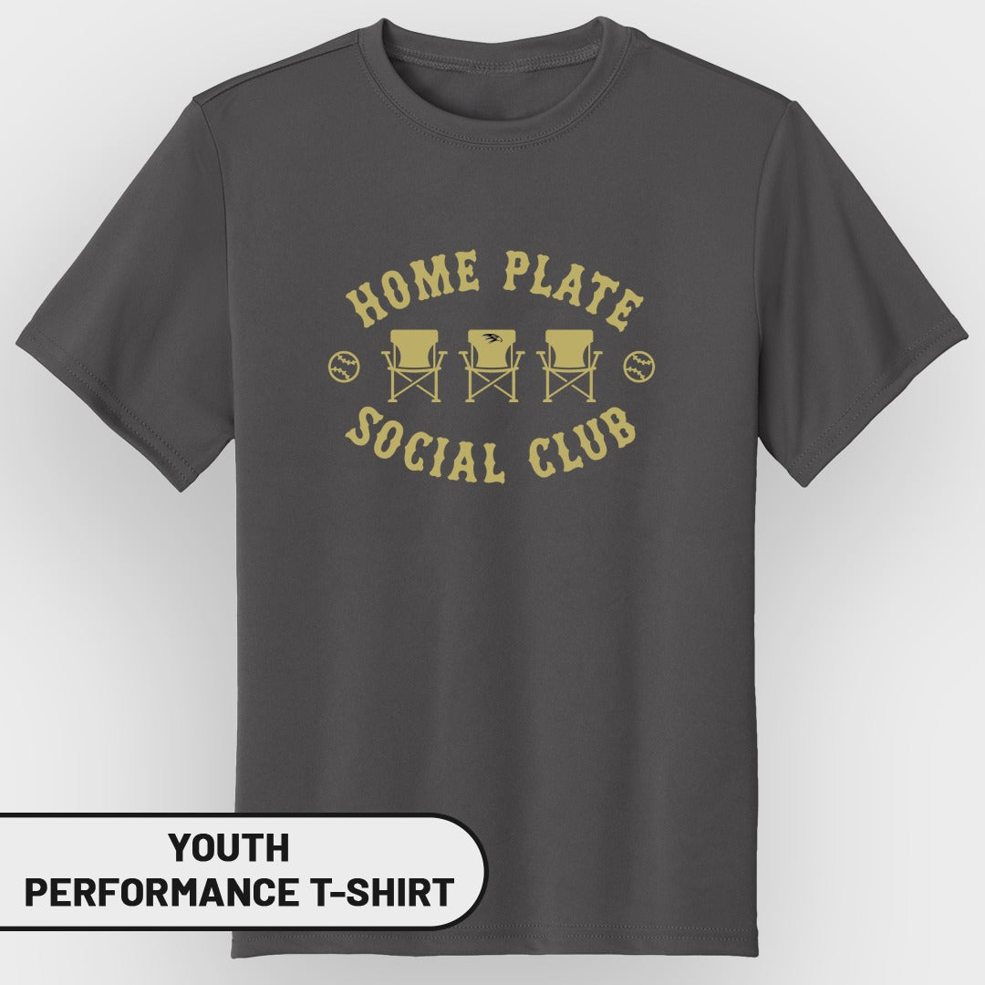 Dark grey youth performance t-shirt with "Home Plate Social Club" graphic.