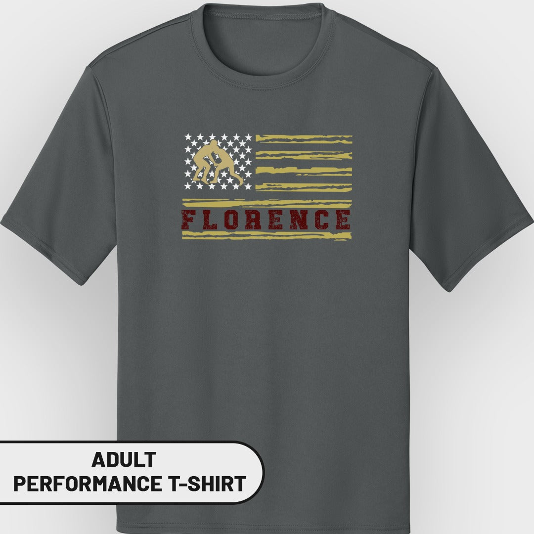 Gray t-shirt with a distressed American flag graphic featuring wrestlers and the word "FLORENCE".