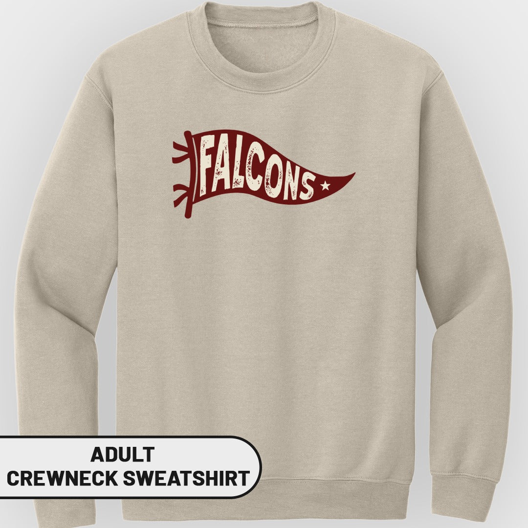 Adult tan crewneck sweatshirt with "Falcons" banner graphic.