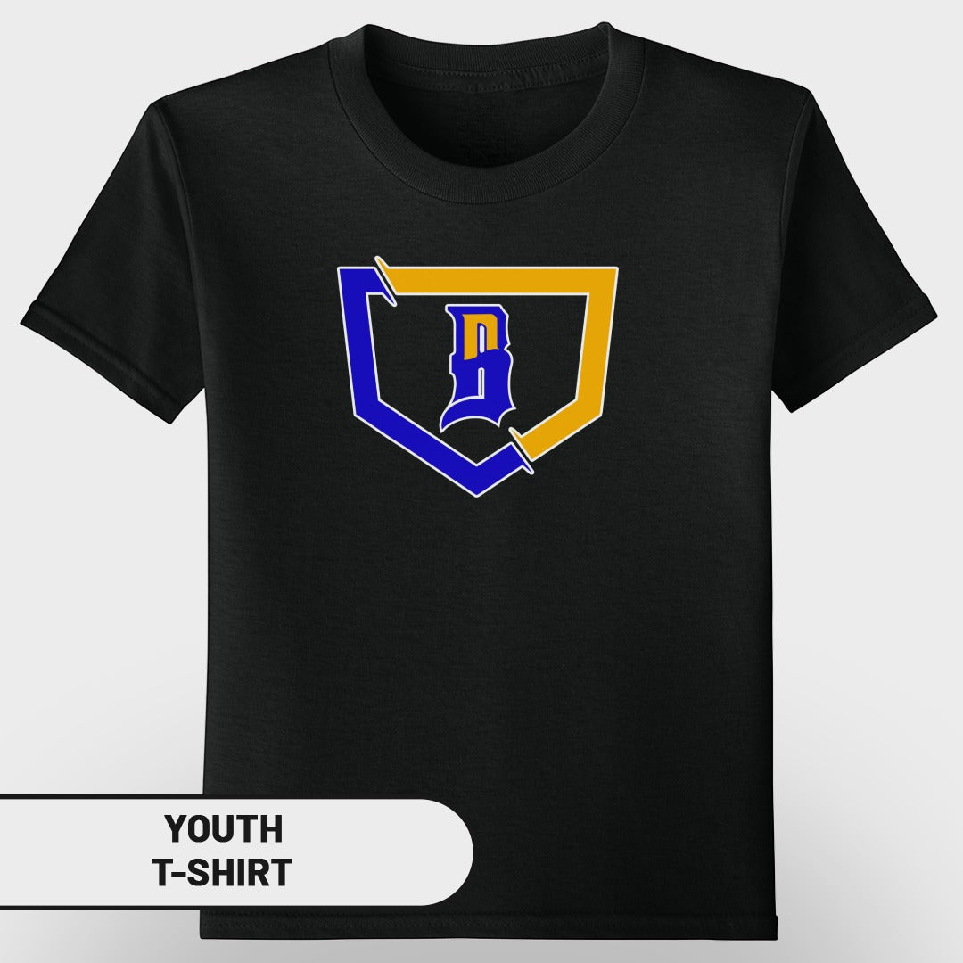 Black youth t-shirt with a blue and yellow shield logo featuring a stylized "B".