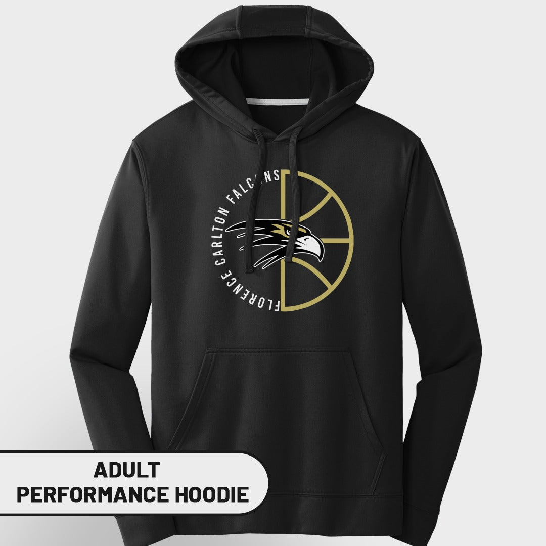 Black adult performance hoodie with a circular logo featuring a falcon and "Carlton Falcons Florence" text.