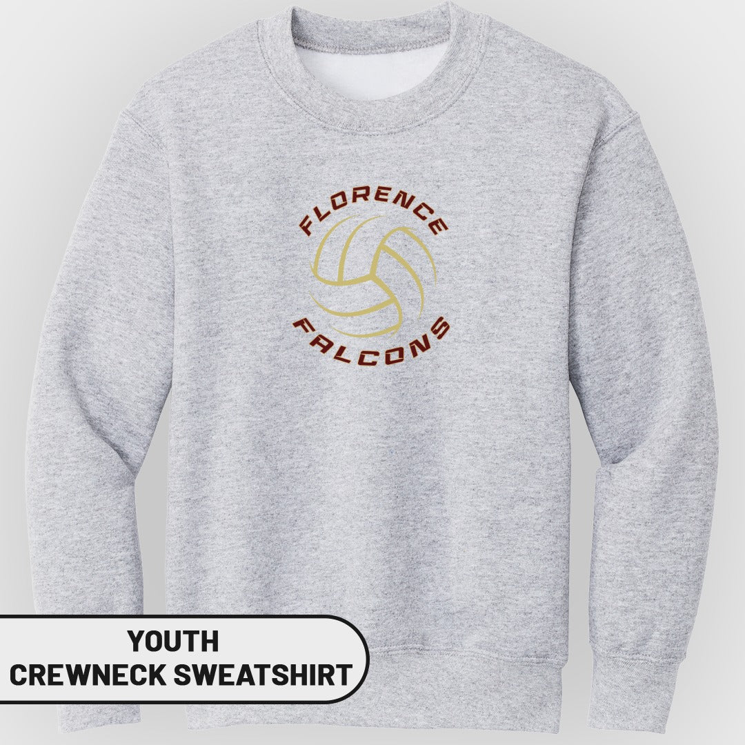 Grey youth crewneck sweatshirt with "Florence Falcons" volleyball logo.
