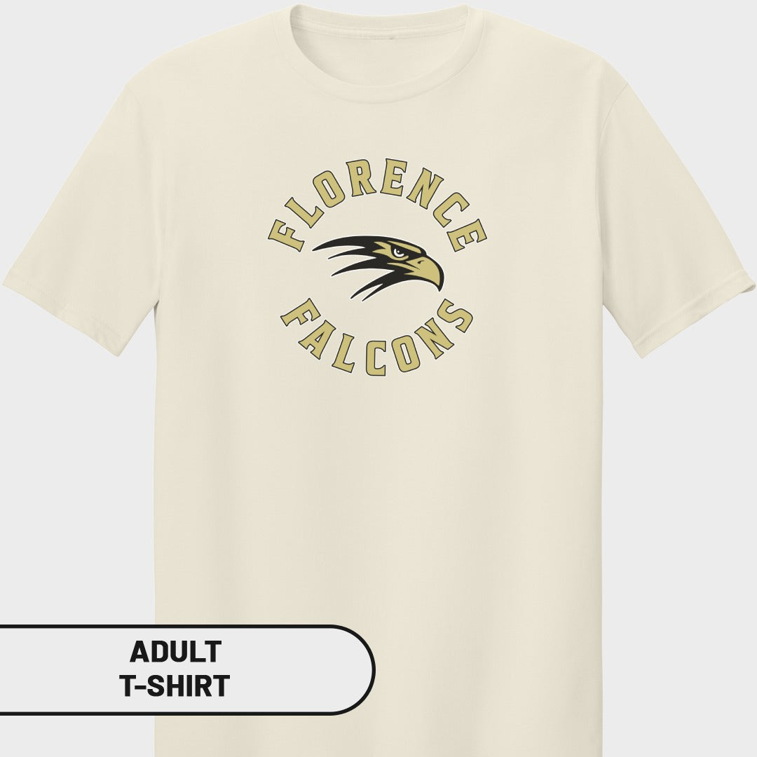 Cream adult t-shirt with "Florence Falcons" text and eagle graphic.