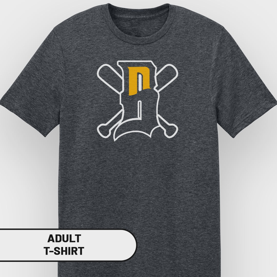 Dark grey t-shirt with baseball bat and "D" logo.