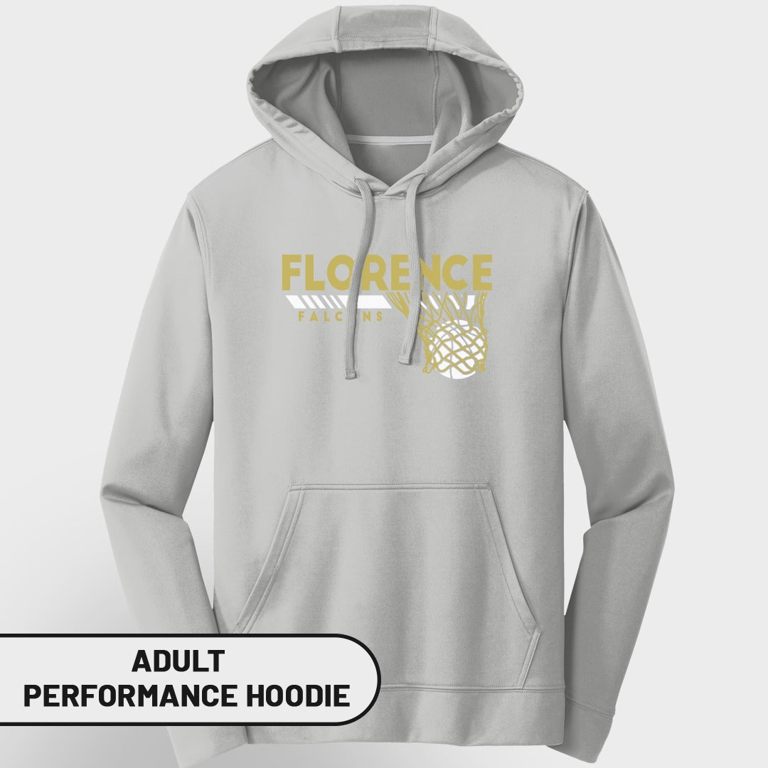 Light gray adult performance hoodie with "FLORENCE FALCONS" and basketball net graphic.