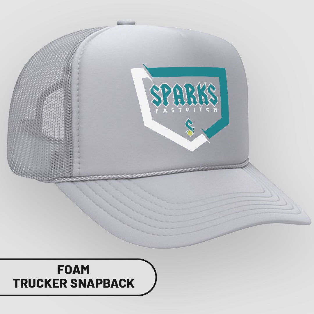 Grey foam trucker snapback hat with Sparks Fastpitch logo.