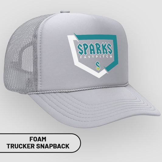 Grey foam trucker snapback hat with Sparks Fastpitch logo.