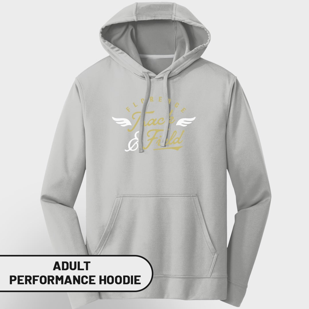 Light grey adult performance hoodie with "Florence Track & Field" text and wings graphic.