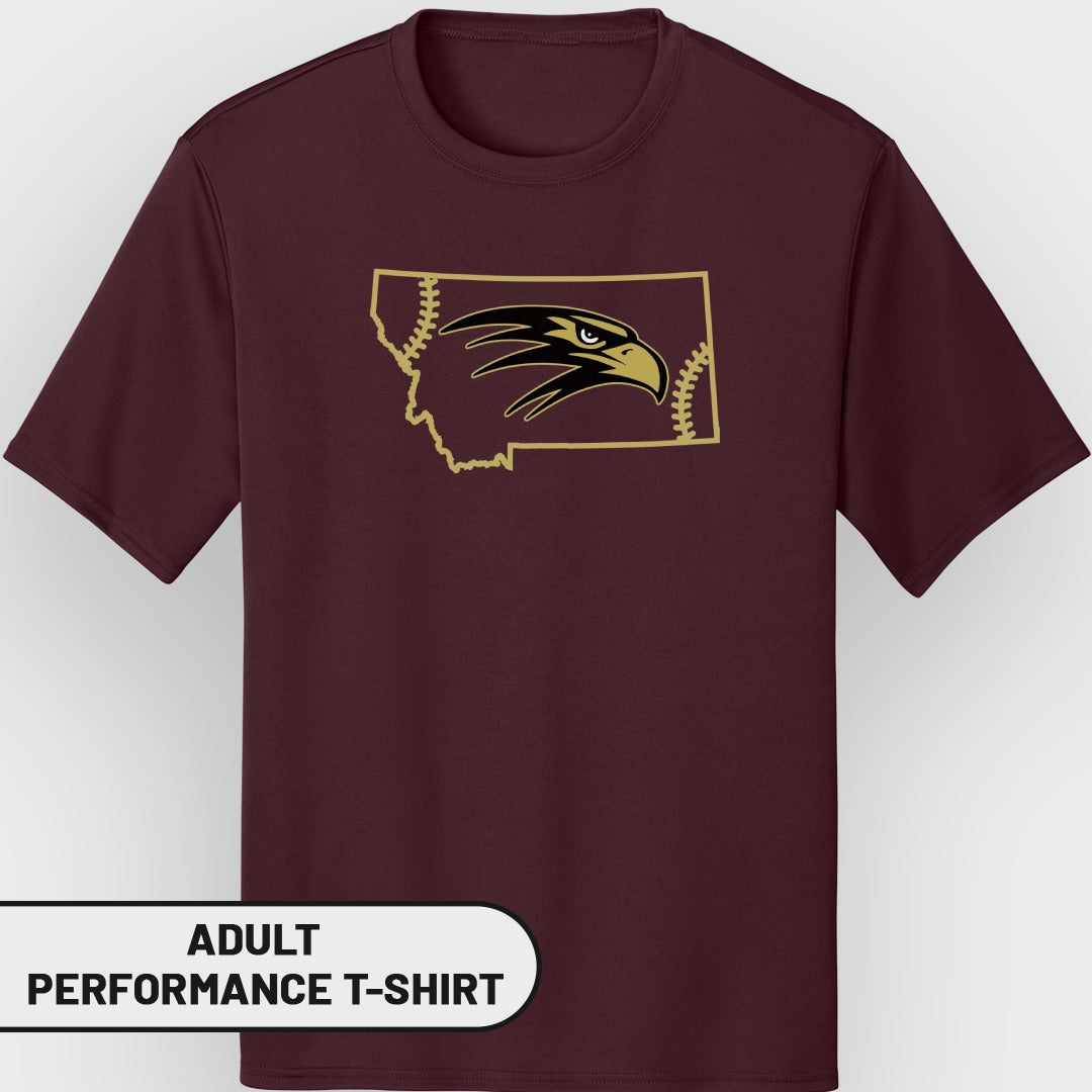 Maroon adult performance t-shirt with Montana outline and eagle baseball graphic.