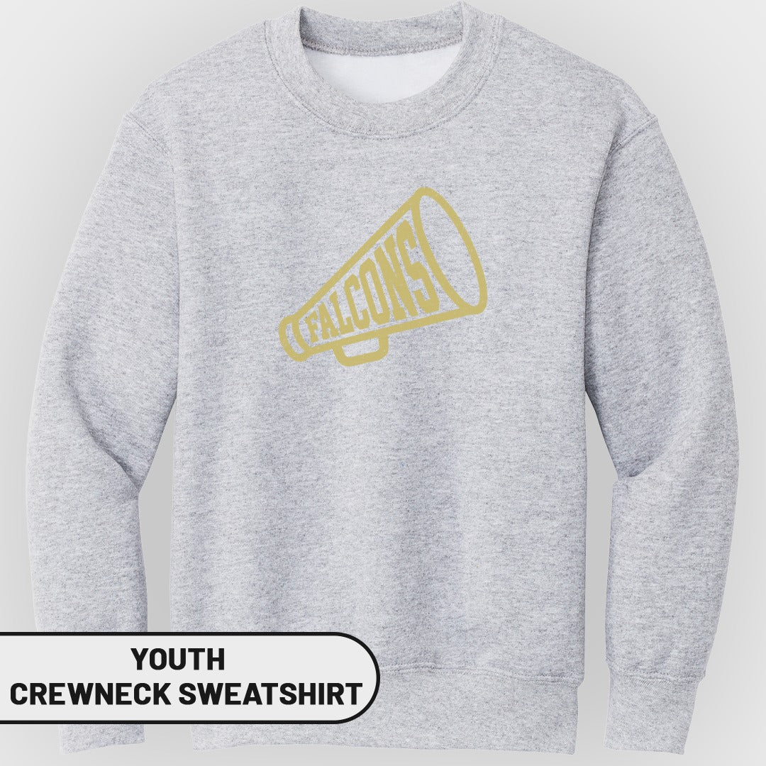 Light gray youth crewneck sweatshirt with yellow megaphone graphic saying "FALCONS".