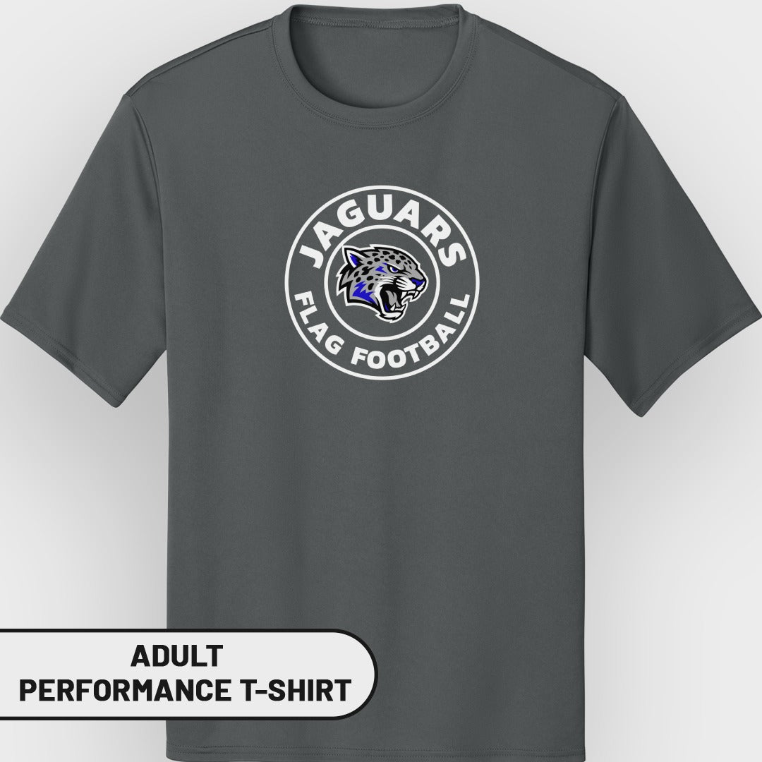 Gray adult performance t-shirt with Jaguars Flag Football logo.