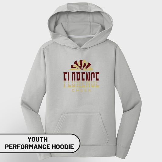 Grey youth performance hoodie with "Florence Cheer" text and fan graphic.