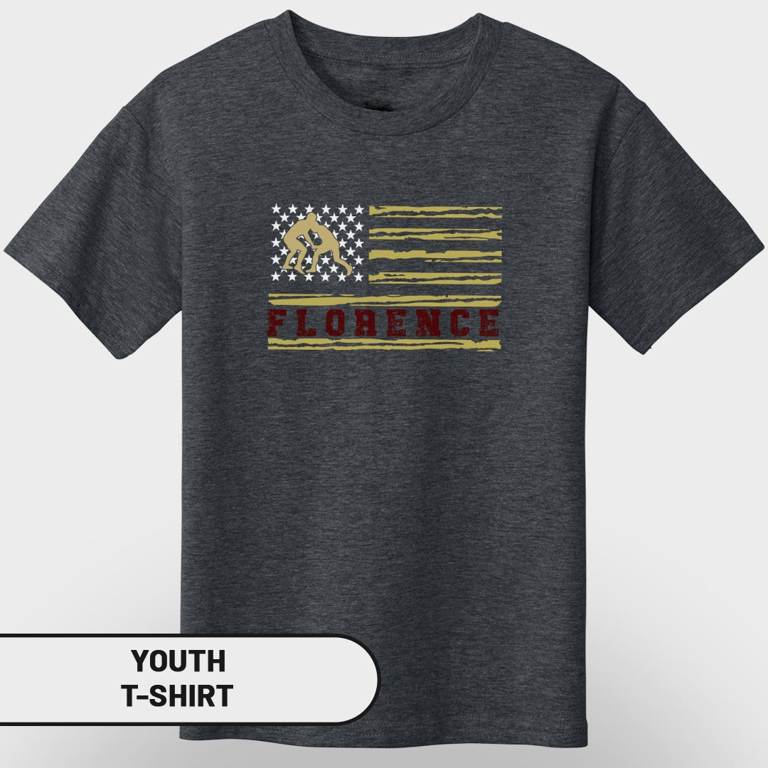 Dark grey youth t-shirt with distressed American flag graphic and "FLORENCE" text.