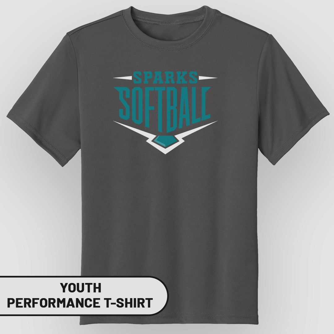 Youth dark grey t-shirt with "Sparks Softball" logo.