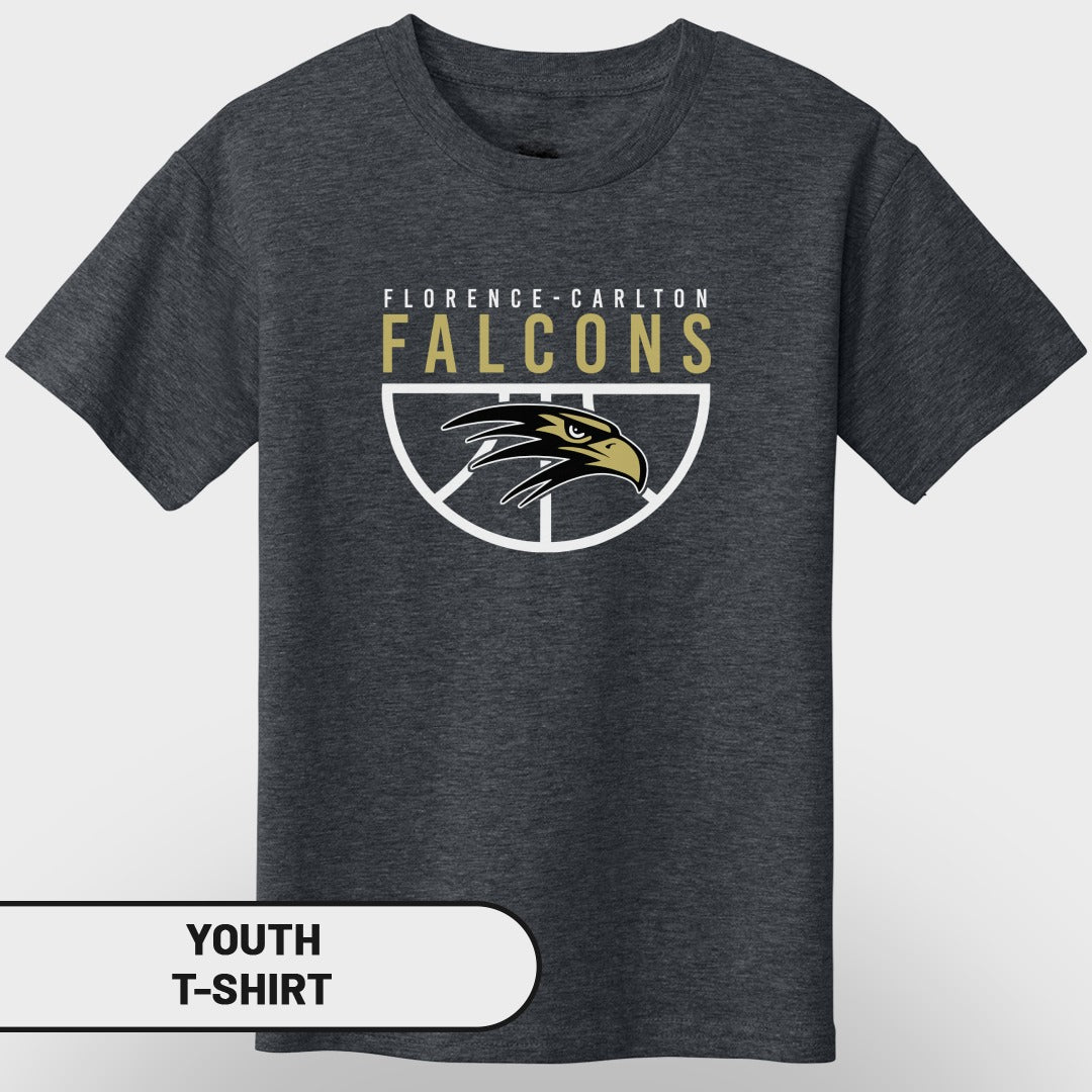 Dark grey youth t-shirt with "Florence-Carlton Falcons" and falcon logo.