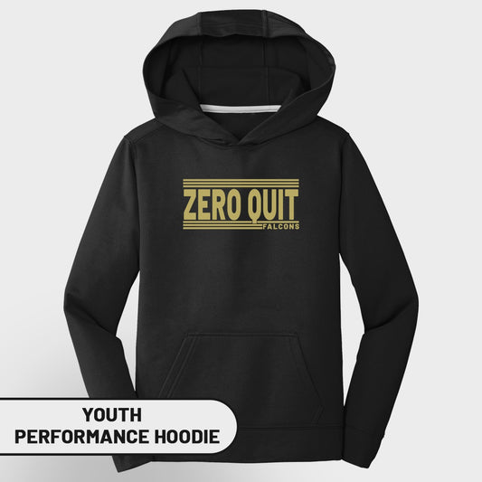 Black youth performance hoodie with "ZERO QUIT FALCONS" graphic.