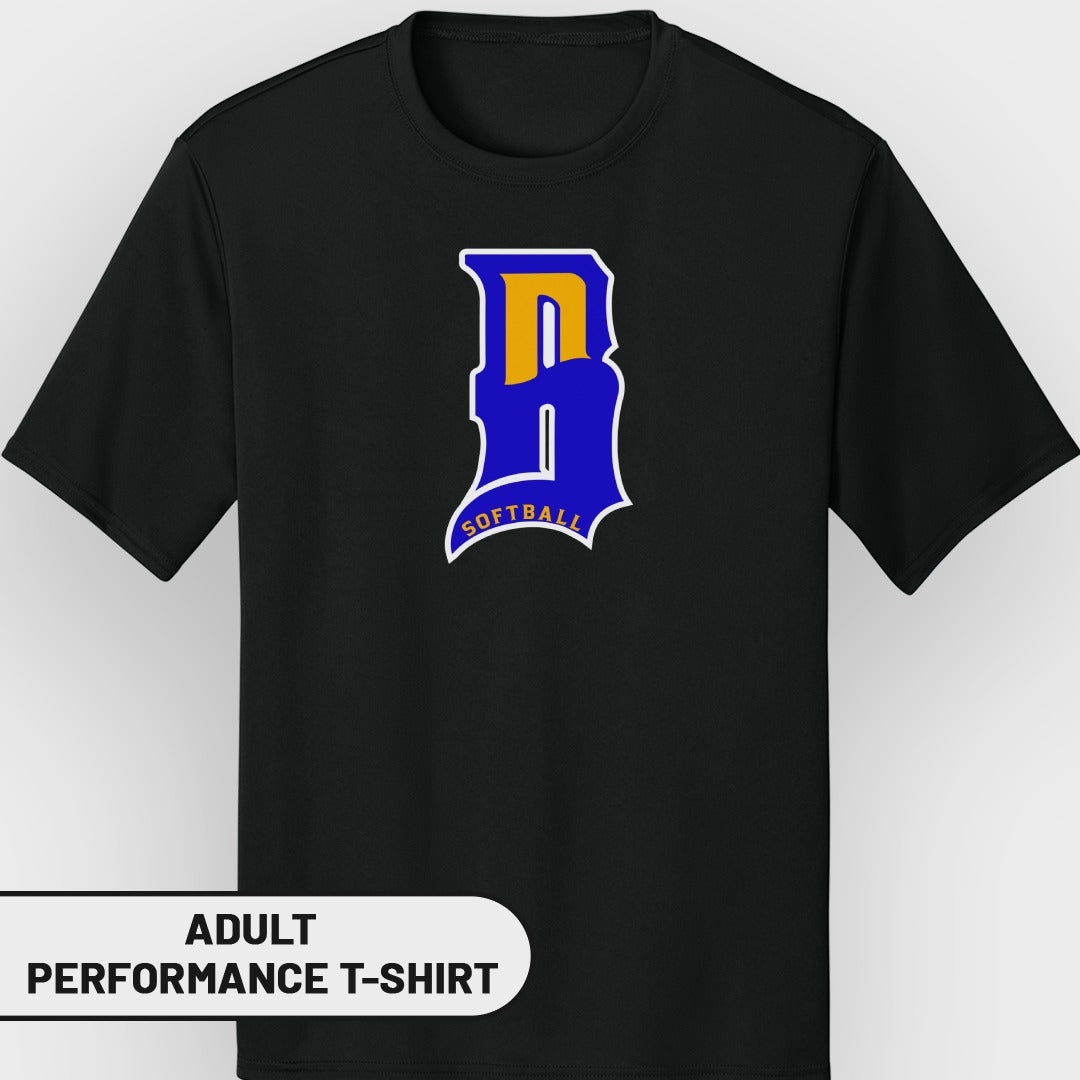 Black adult performance t-shirt with blue and gold "D Softball" logo.