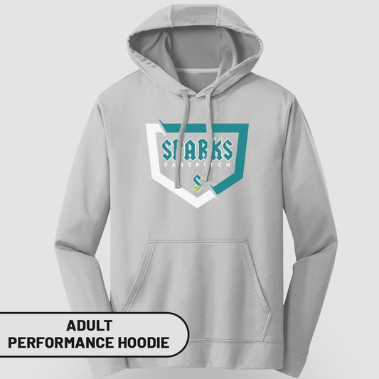 Gray adult performance hoodie with Sharks Fastpitch logo.