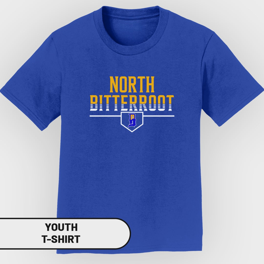 Youth t-shirt with "NORTH BITTERROOT" text and a blue "B" logo.