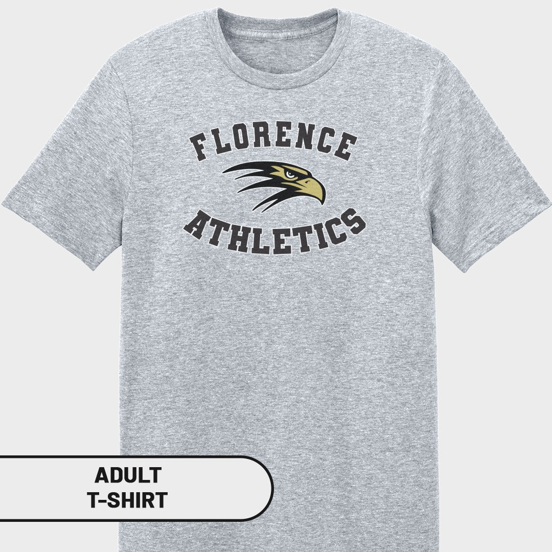Grey adult t-shirt with "FLORENCE ATHLETICS" text and hawk logo.