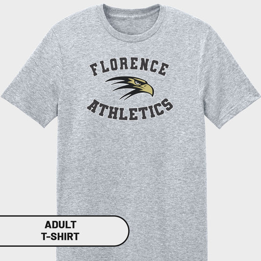 Grey adult t-shirt with "FLORENCE ATHLETICS" text and hawk logo.