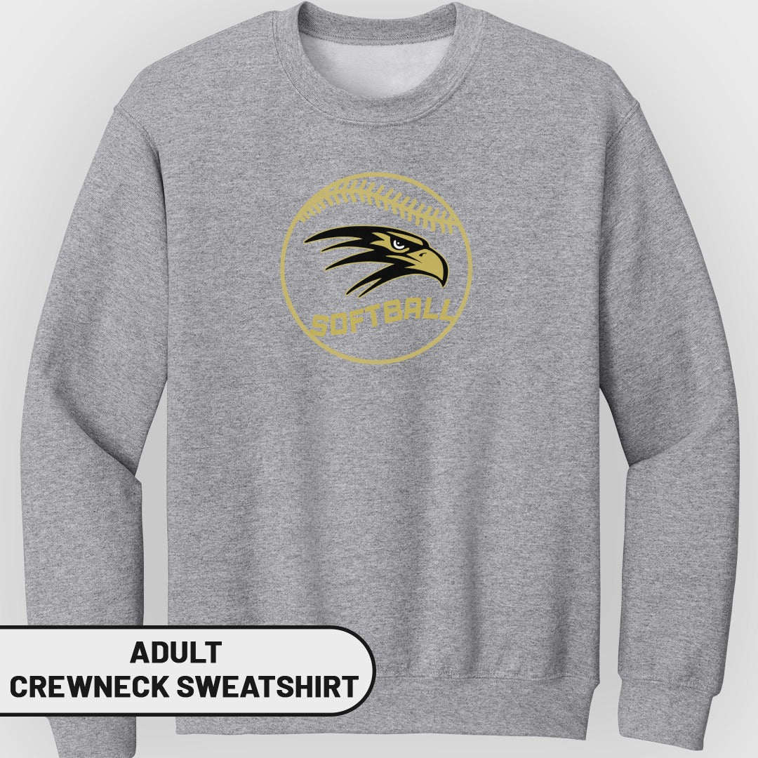 Grey adult crewneck sweatshirt with a gold circle logo featuring a hawk head and the word SOFTBALL.