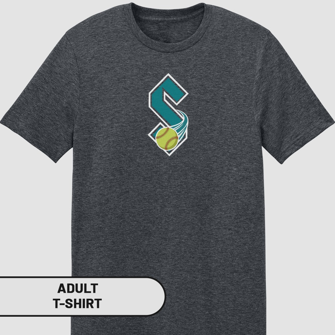 Dark gray t-shirt with a stylized "S" logo and softball graphic.