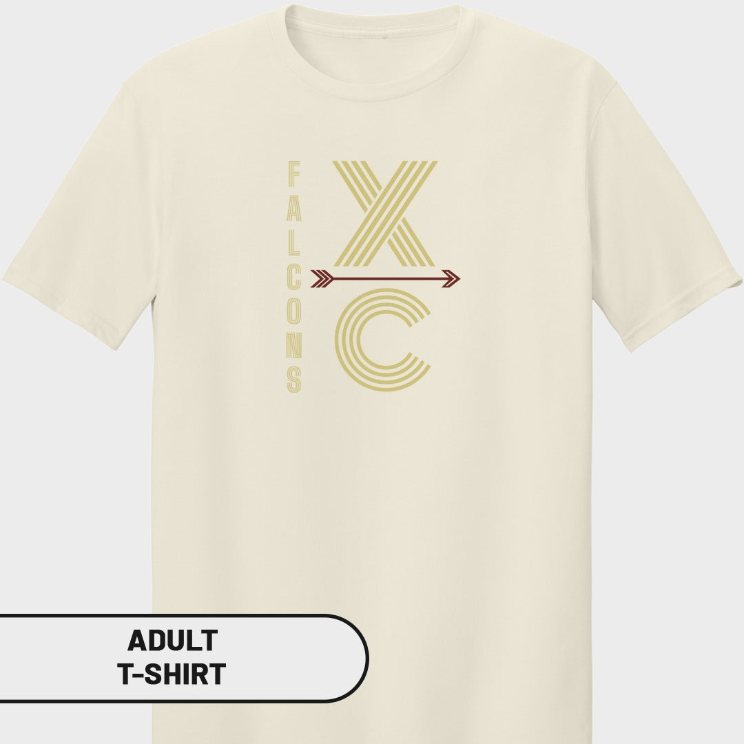 Adult t-shirt with Falcons XC graphic and arrow detail.