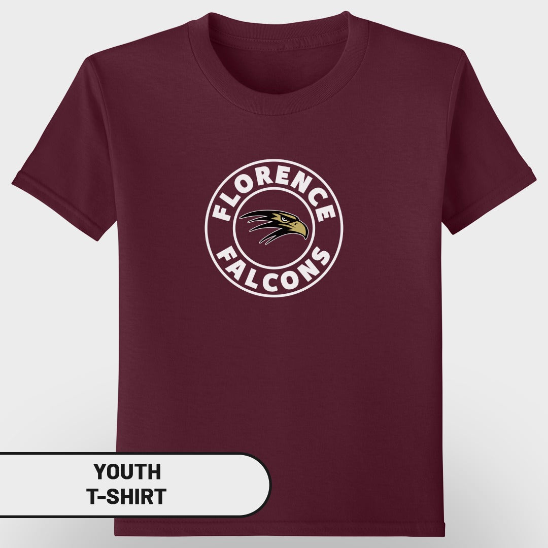 Maroon youth t-shirt with Florence Falcons circular logo featuring an eagle head.