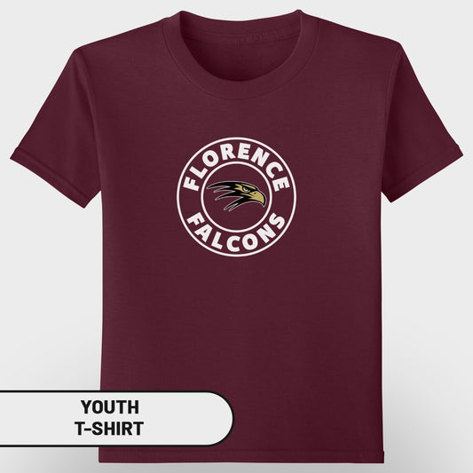 Maroon youth t-shirt with Florence Falcons circular logo featuring an eagle head.