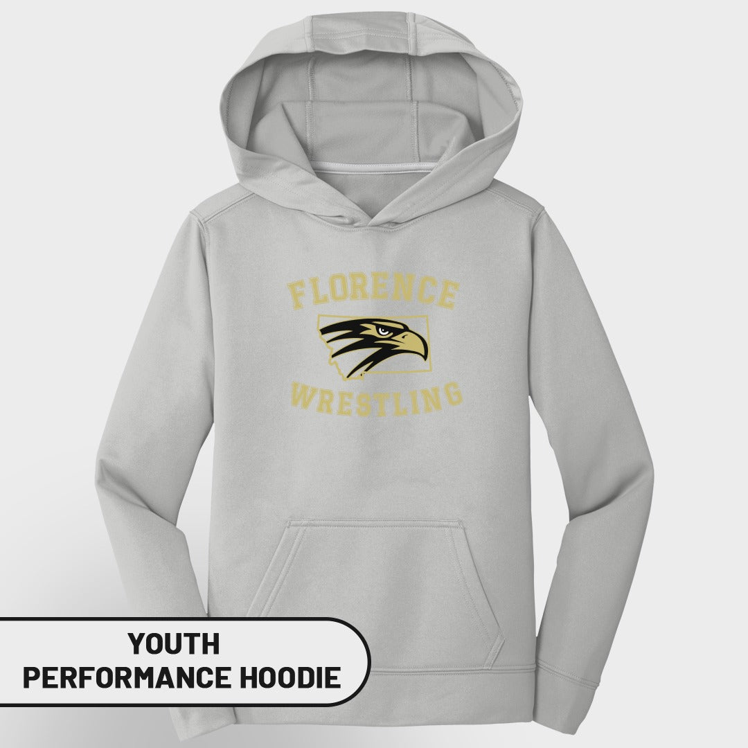 Gray youth performance hoodie with Florence Wrestling logo on the front.