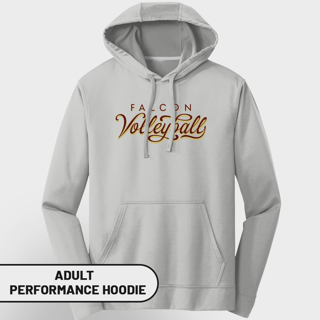 Light gray adult performance hoodie with "FALCON Volleyball" text graphic.