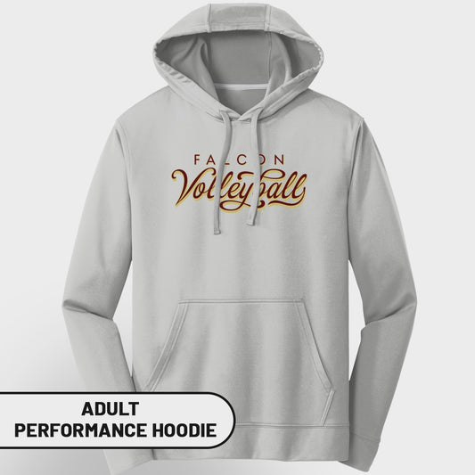 Light gray adult performance hoodie with "FALCON Volleyball" text graphic.