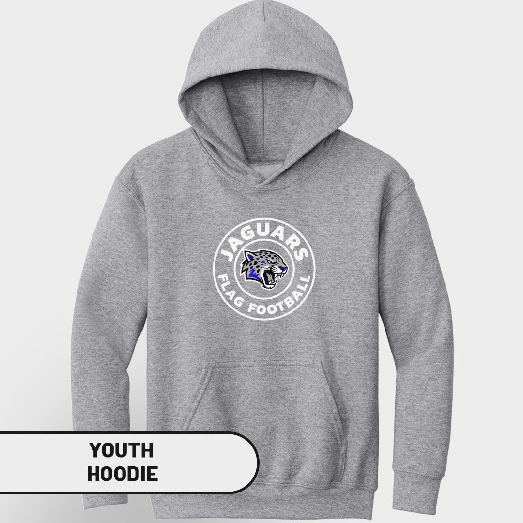 Grey youth hoodie with "Jaguars Flag Football" logo on the chest.
