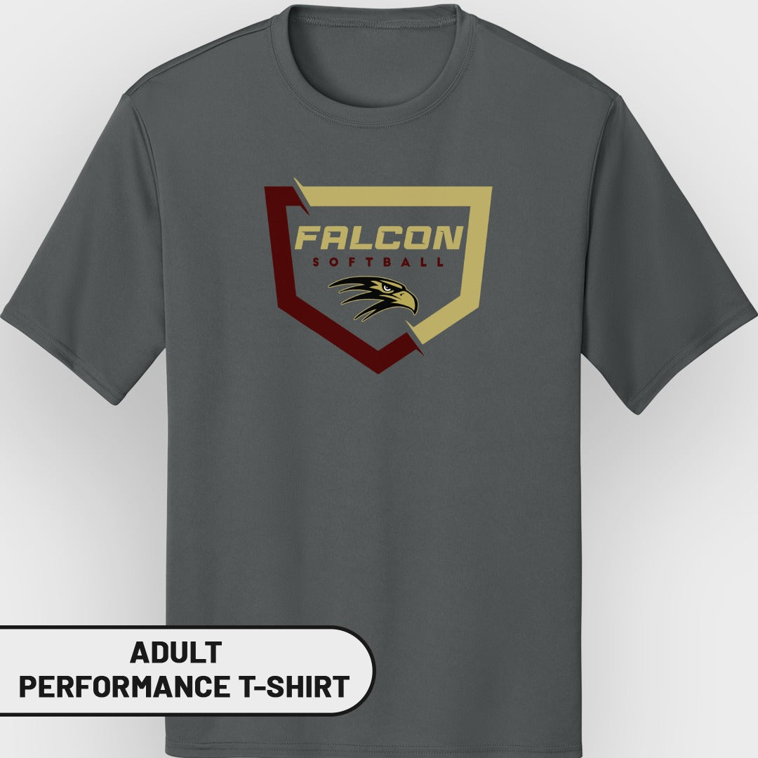 Dark grey adult performance t-shirt with Falcon Softball logo featuring a falcon head.