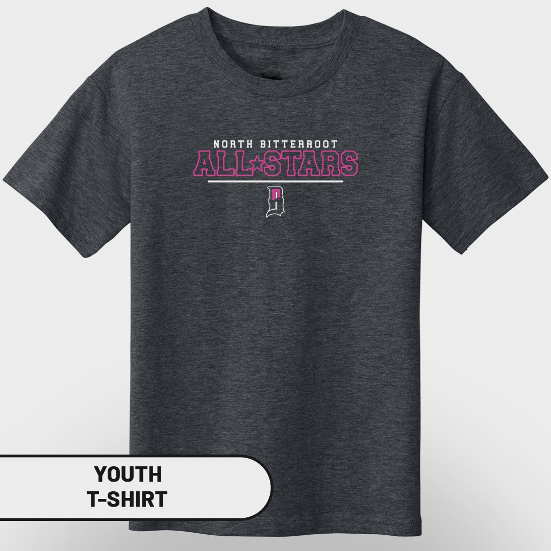 Dark grey youth t-shirt with "NORTH BITTERROOT ALL STARS" logo.