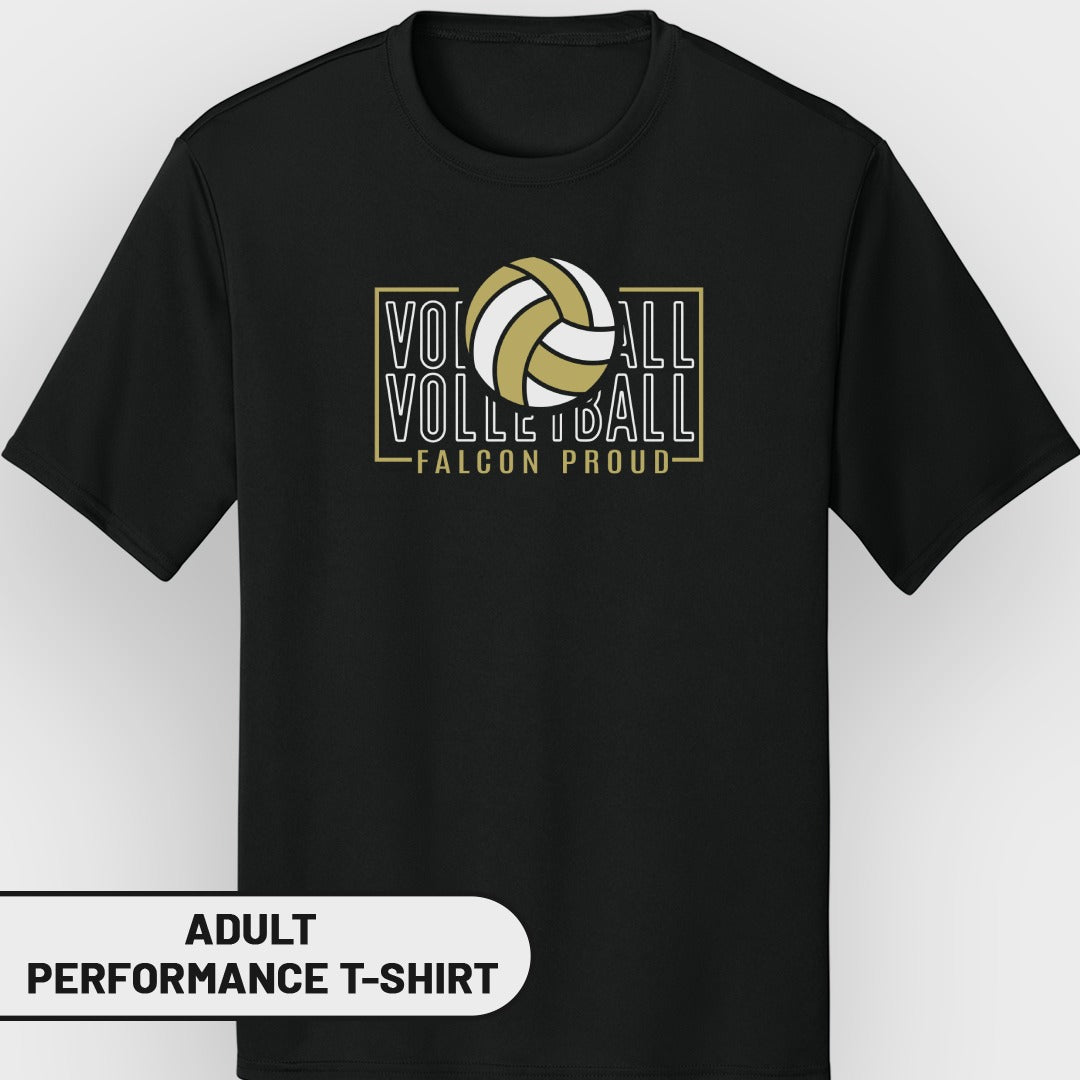 Black adult performance t-shirt with "Volleyball" text and a volleyball graphic.