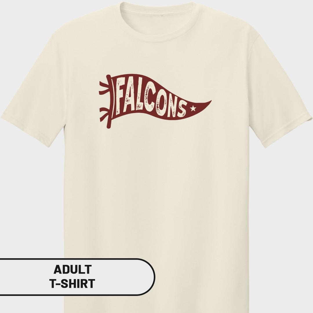 Adult t-shirt with a maroon pennant logo that reads "Falcons" and has a star.