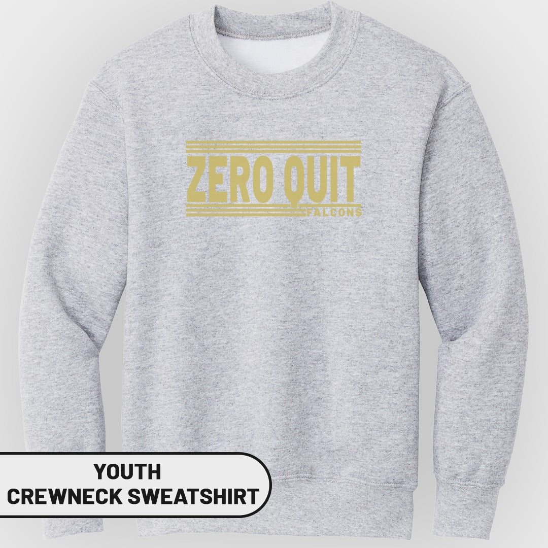Youth grey crewneck sweatshirt with gold "ZERO QUIT FALCONS" text design.