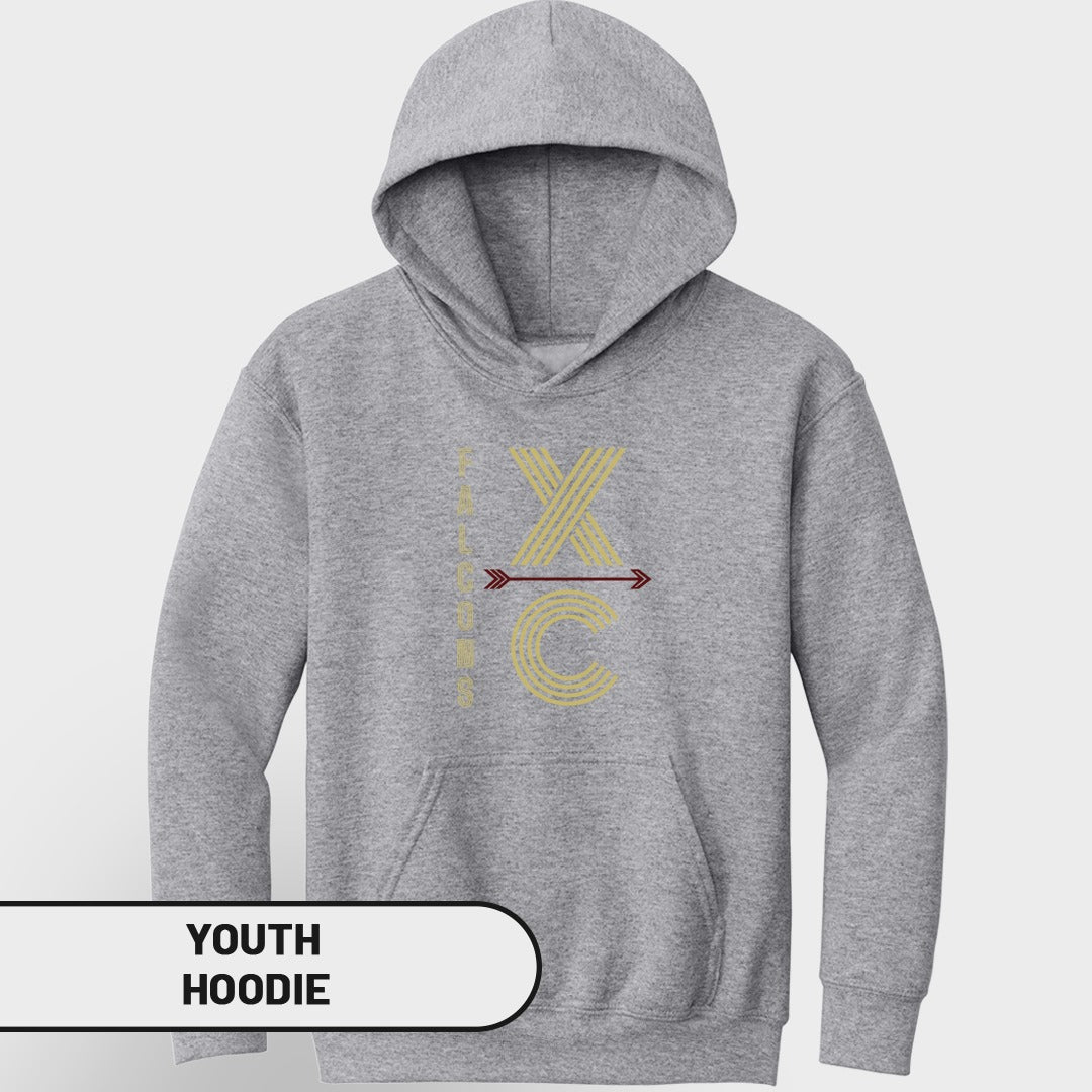 Grey youth hoodie with "Falcons XC" graphic and a red arrow.
