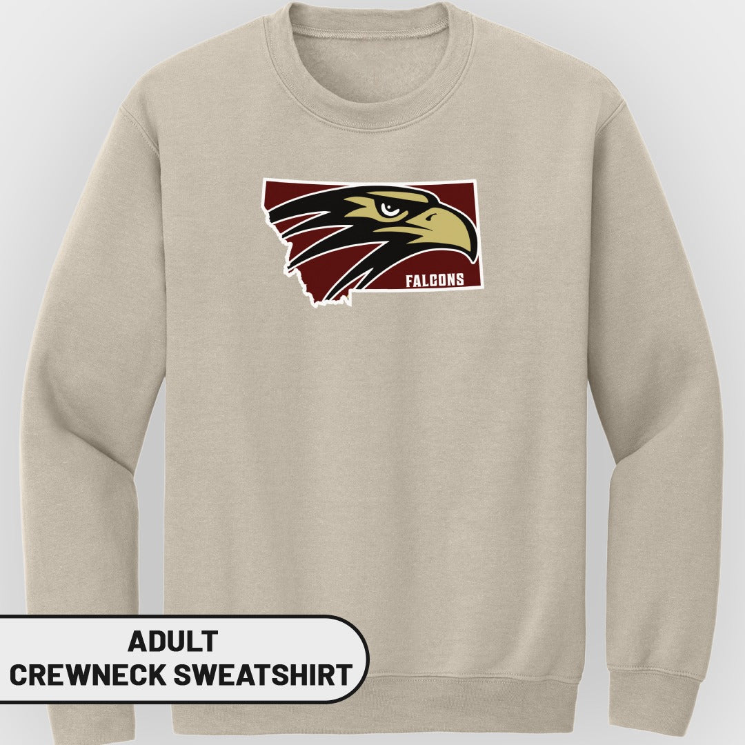 Adult crewneck sweatshirt with Montana state outline and Falcons logo.