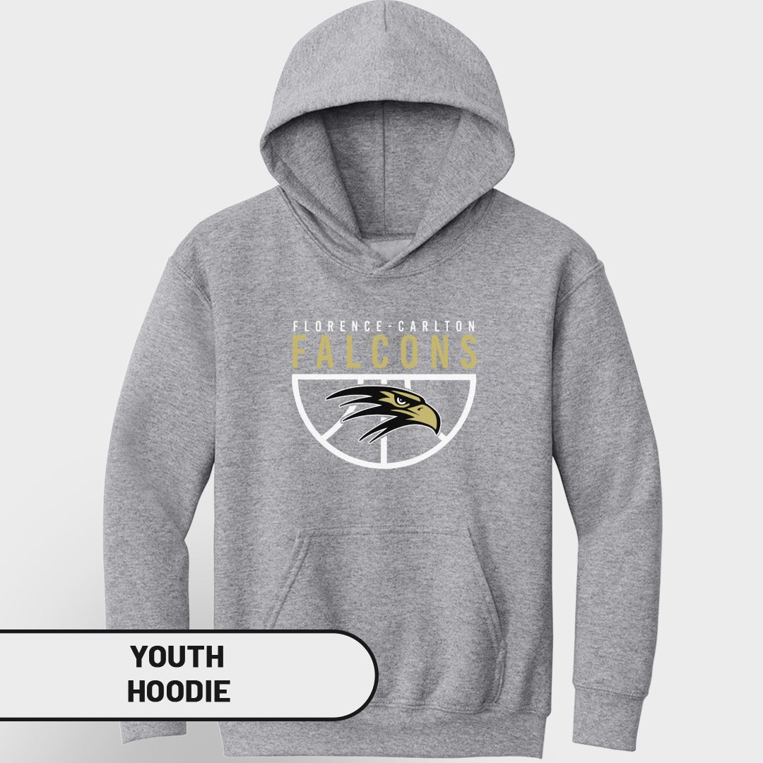 Grey youth hoodie with Florence Carlton Falcons basketball logo and text.