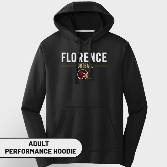 Black adult performance hoodie with "Florence Football" and team helmet logo.