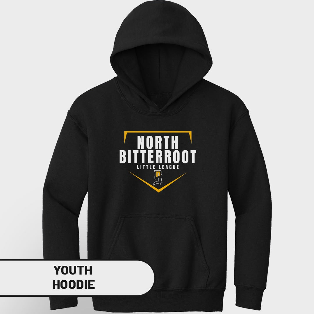Black youth hoodie with North Bitterroot Little League logo.