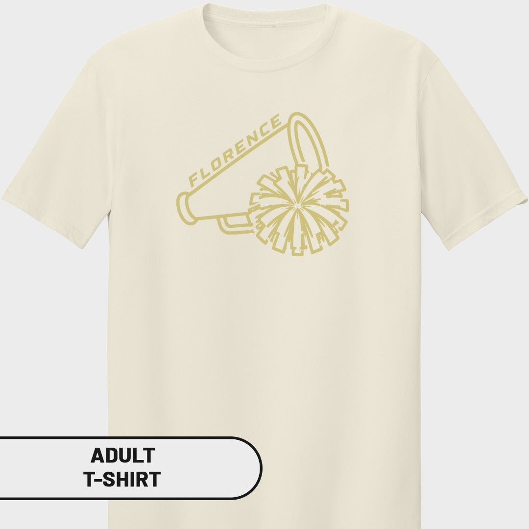 Cream t-shirt with yellow outline of megaphone and pom-pom, text "FLORENCE".