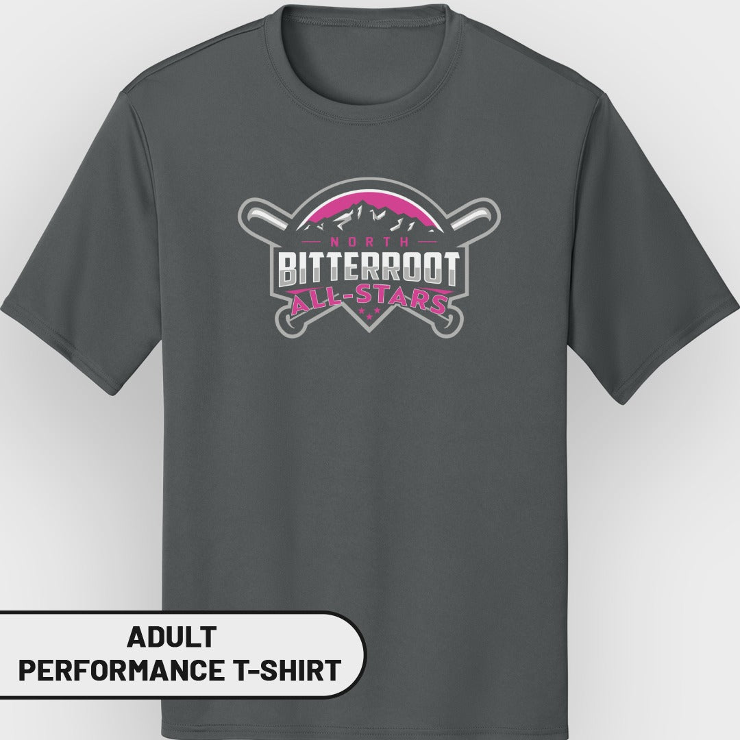Dark gray adult performance t-shirt with "NORTH BITTERROOT ALL-STARS" logo.
