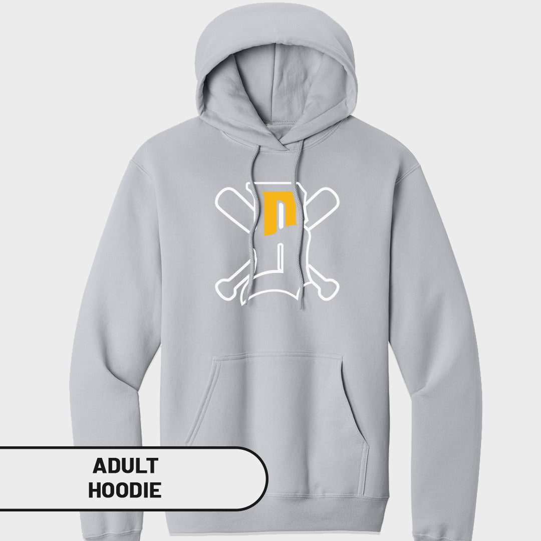 Light gray adult hoodie with white and yellow baseball bat logo.