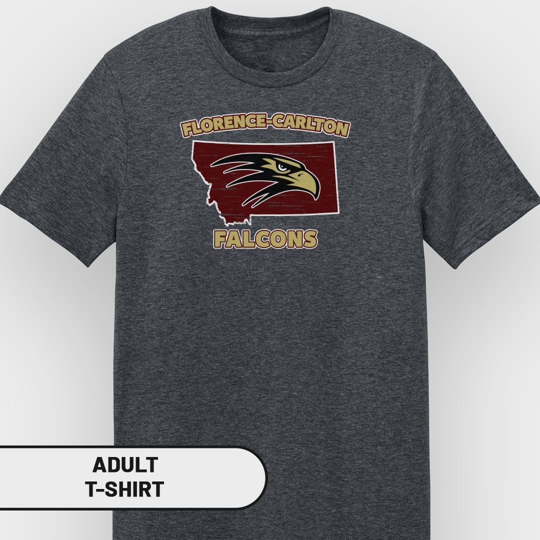 Dark gray adult t-shirt with "Florence-Carlton Falcons" and hawk logo on Montana outline.