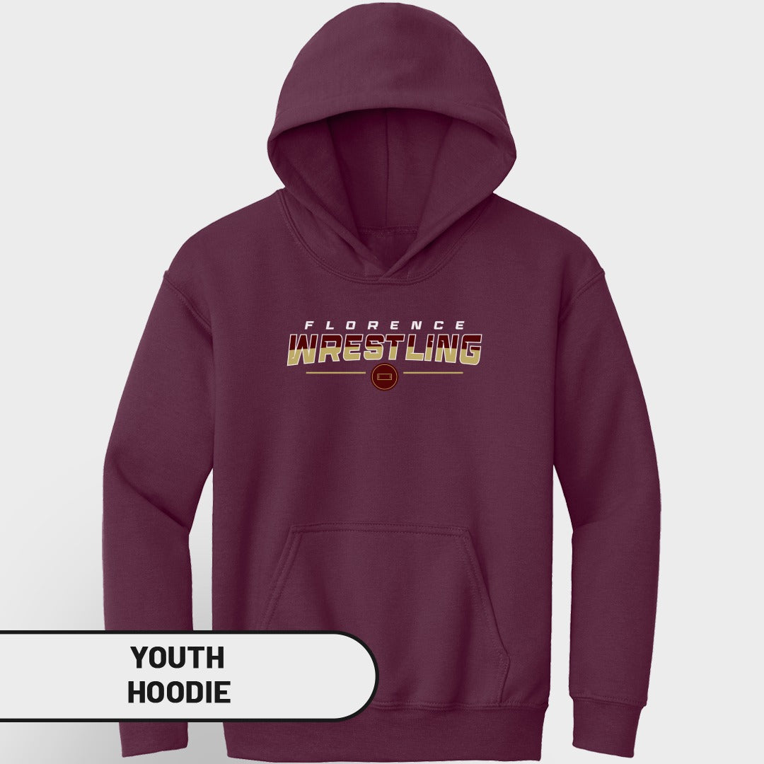 Maroon youth hoodie with Florence Wrestling text and logo on the chest.