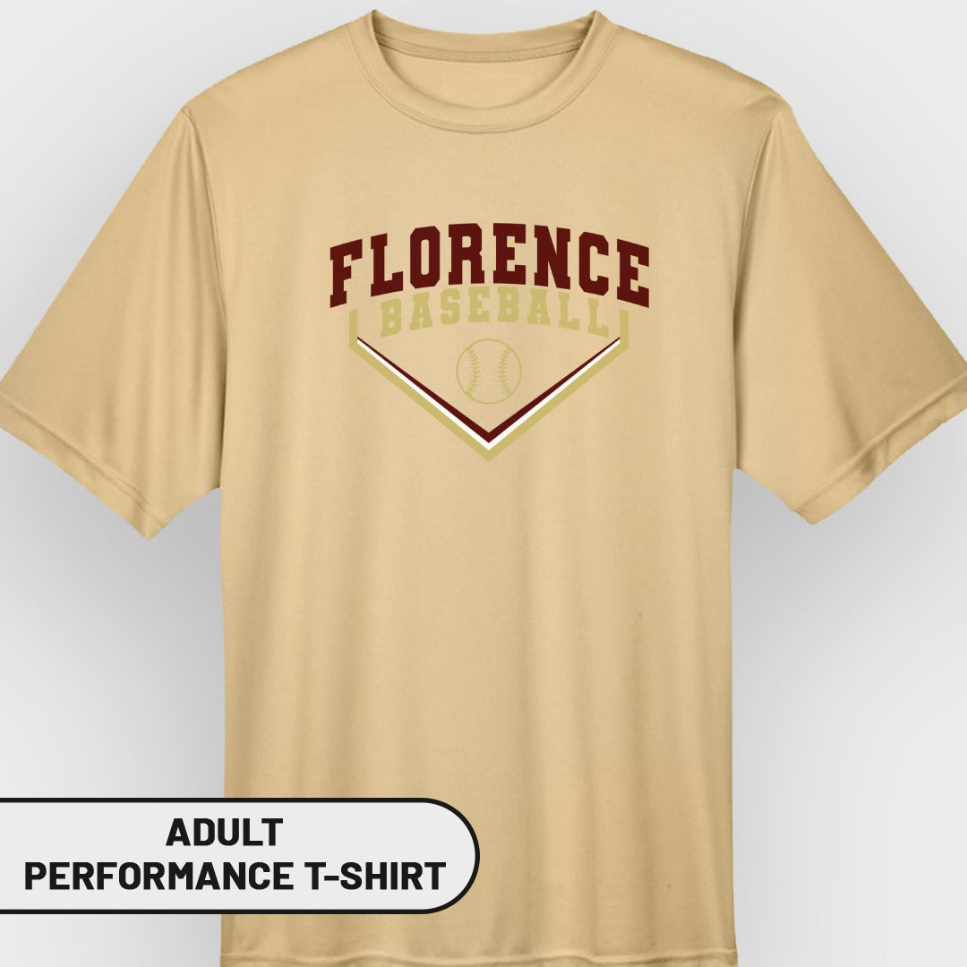 Tan adult performance t-shirt with "FLORENCE BASEBALL" and baseball graphic.